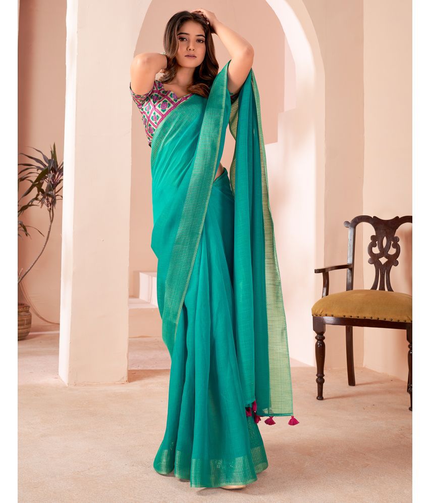     			Samah Linen Solid Saree With Blouse Piece - Turquoise ( Pack of 1 )
