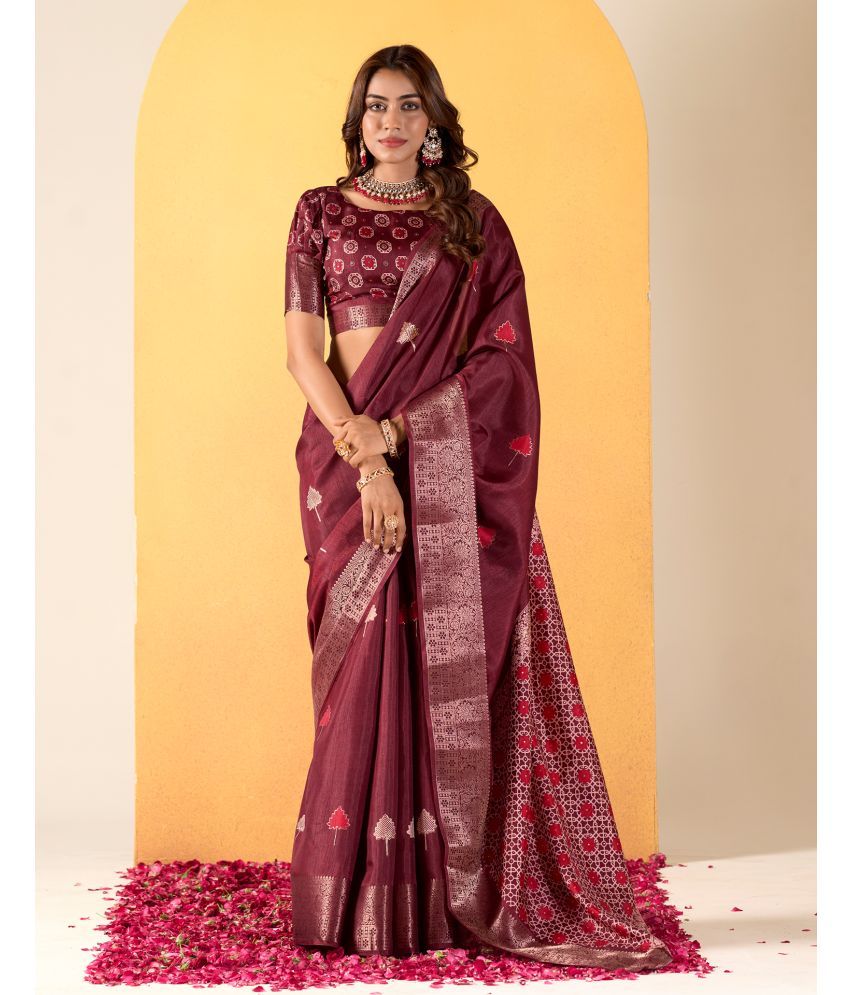     			Samah Silk Printed Saree With Blouse Piece - Maroon ( Pack of 1 )