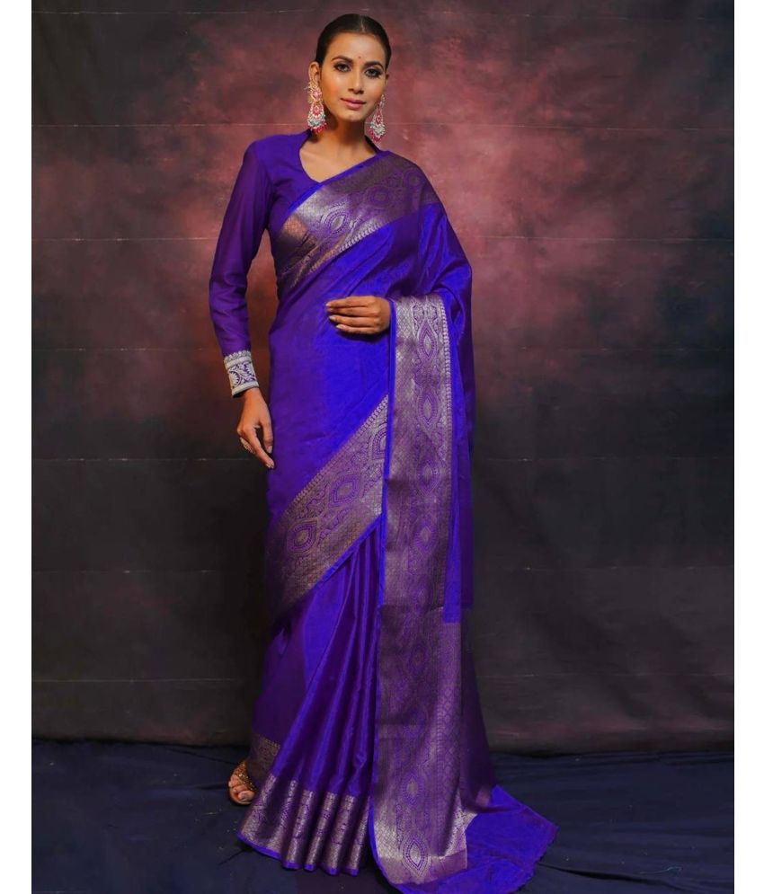     			Samah Silk Woven Saree With Blouse Piece - Navy Blue ( Pack of 1 )