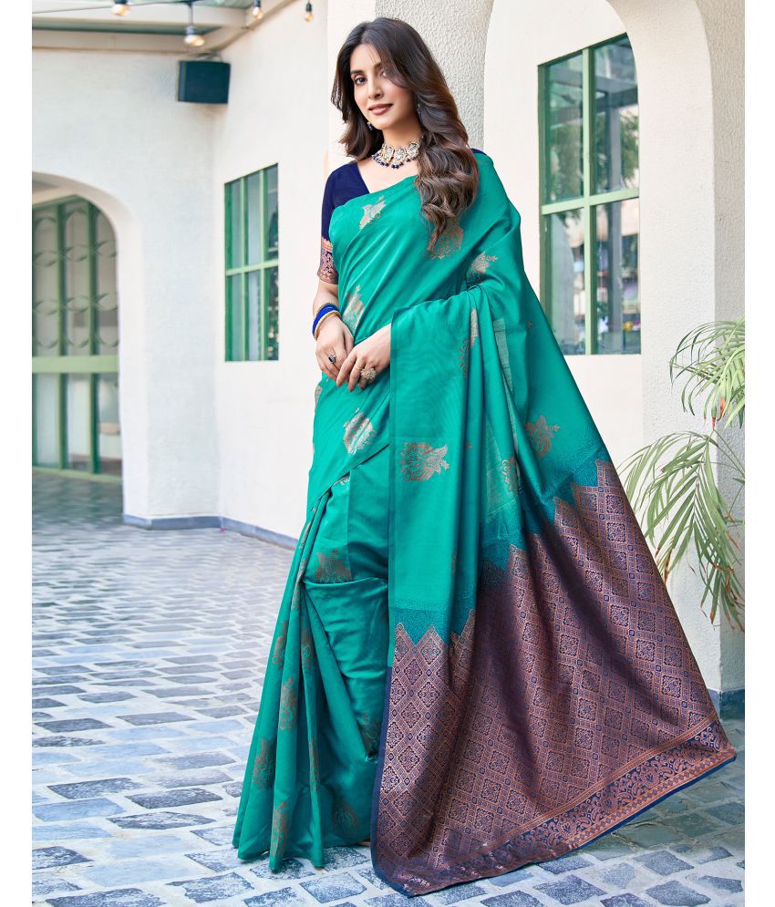     			Samah Silk Woven Saree With Blouse Piece - Teal ( Pack of 1 )