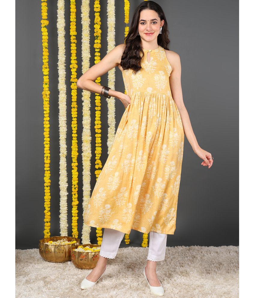     			Vaamsi Cotton Printed Nayra Women's Kurti - Yellow ( Pack of 1 )