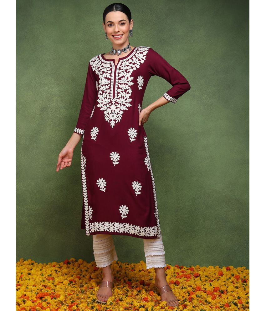     			Vaamsi Rayon Embroidered Straight Women's Kurti - Burgundy ( Pack of 1 )