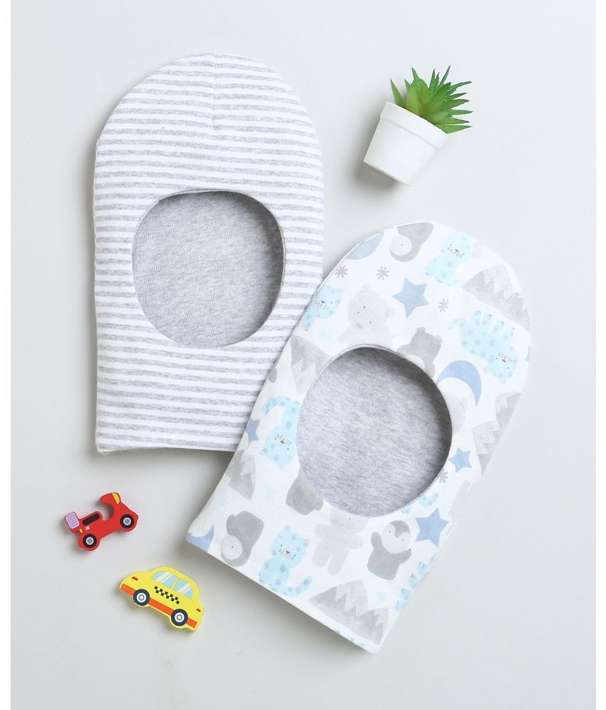     			BUMZEE Grey & White Boys Cotton Reversible Monkey Cap Pack Of 2 Age - 0-6 Months