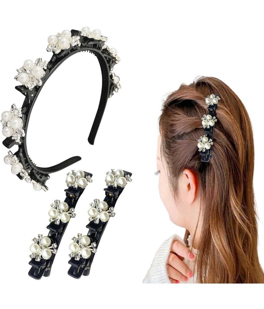     			LYKAA Hairpin Headband With Pearl Hair Clips Elegant Flower Alligator Clips Double Layer - Pack of 3