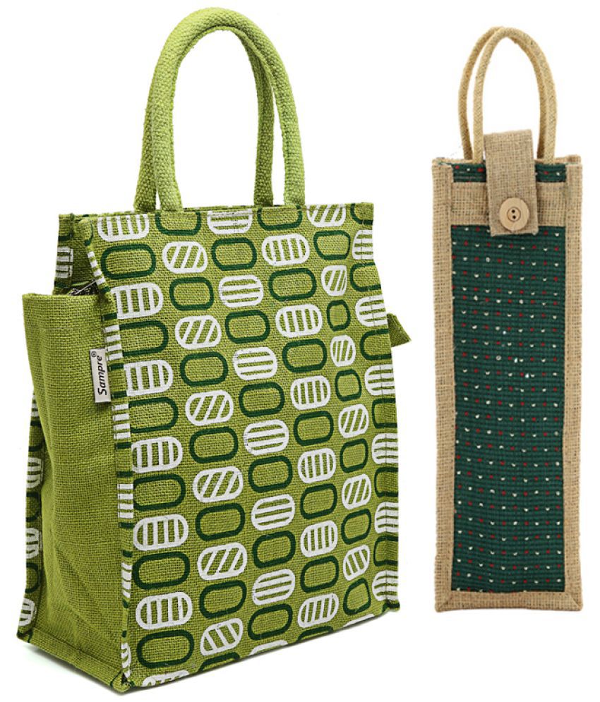     			ENSAC Green Jute Lunch Bag Pack of 2