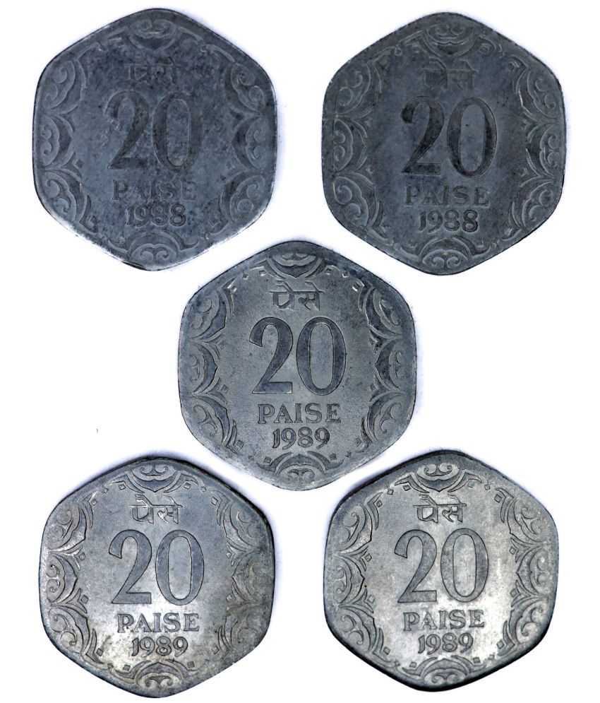     			Republic India Set of 5 Coins of Aluminium 20 Paise - Collectible Item for Students and Coin Collectors