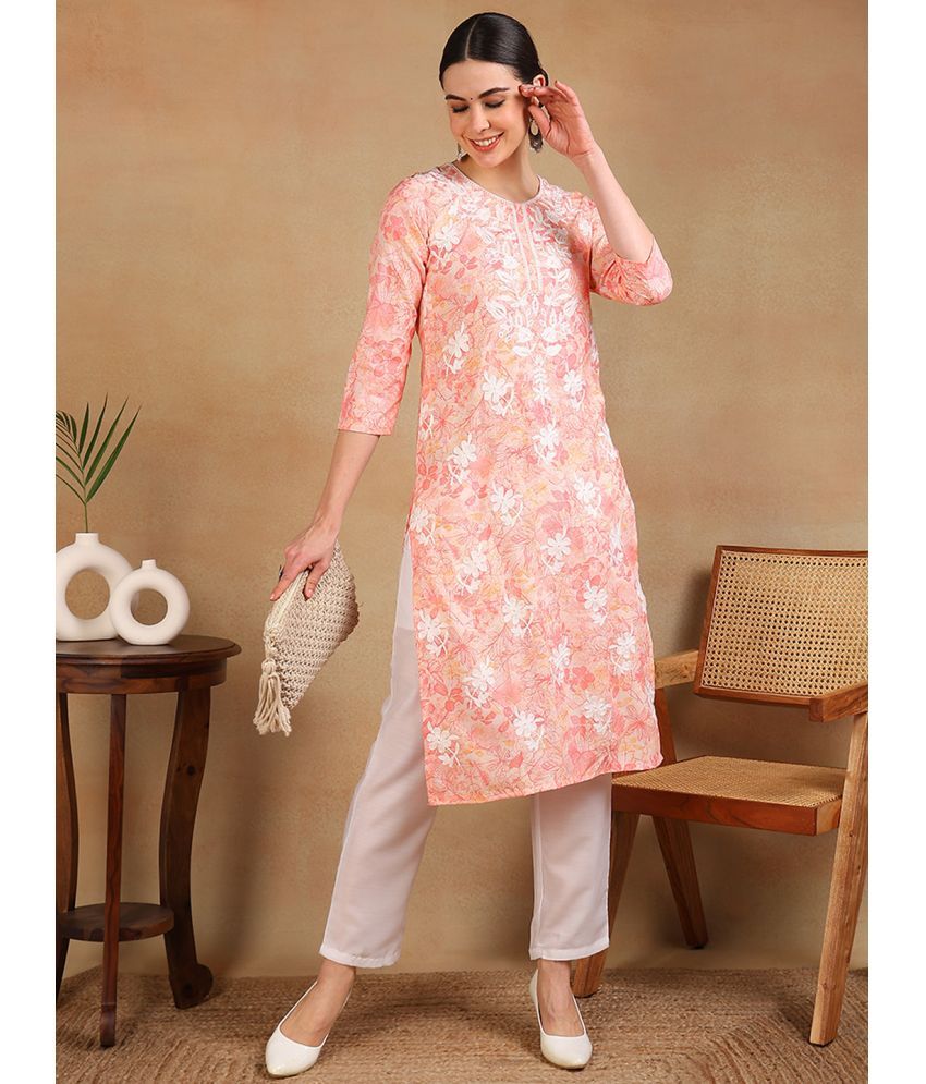     			Vaamsi Cotton Blend Printed Straight Women's Kurti - Peach ( Pack of 1 )