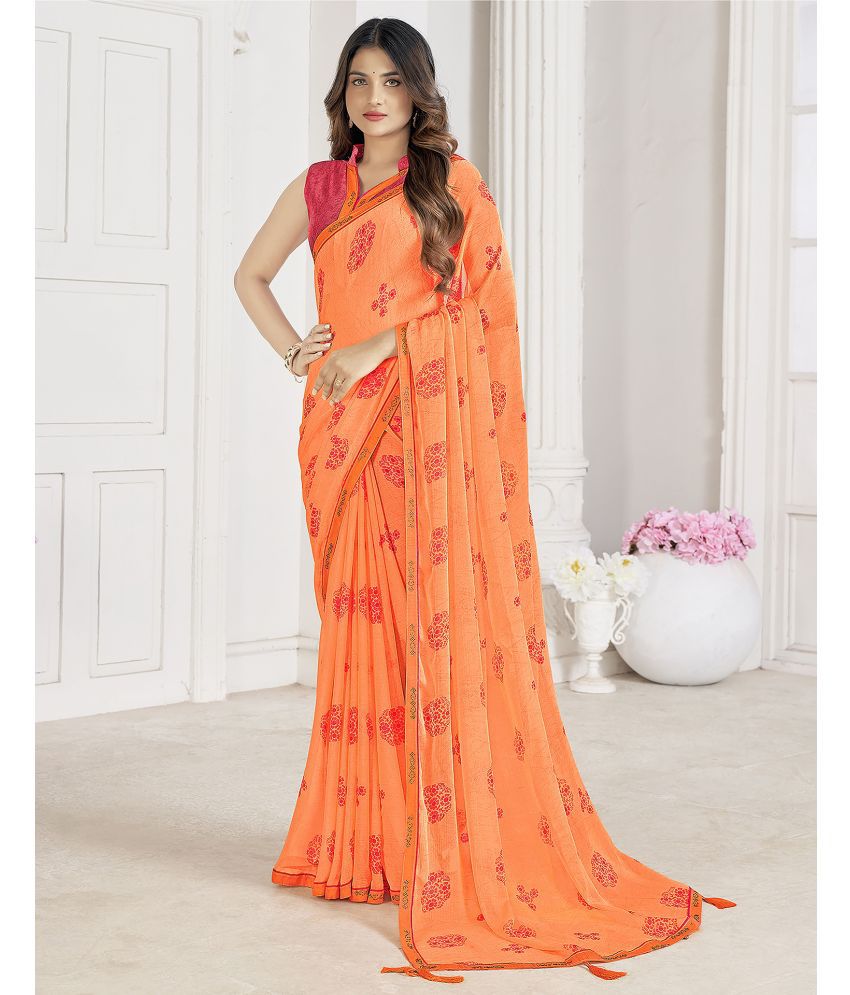     			Satrani Chiffon Printed Saree With Blouse Piece - Orange ( Pack of 1 )