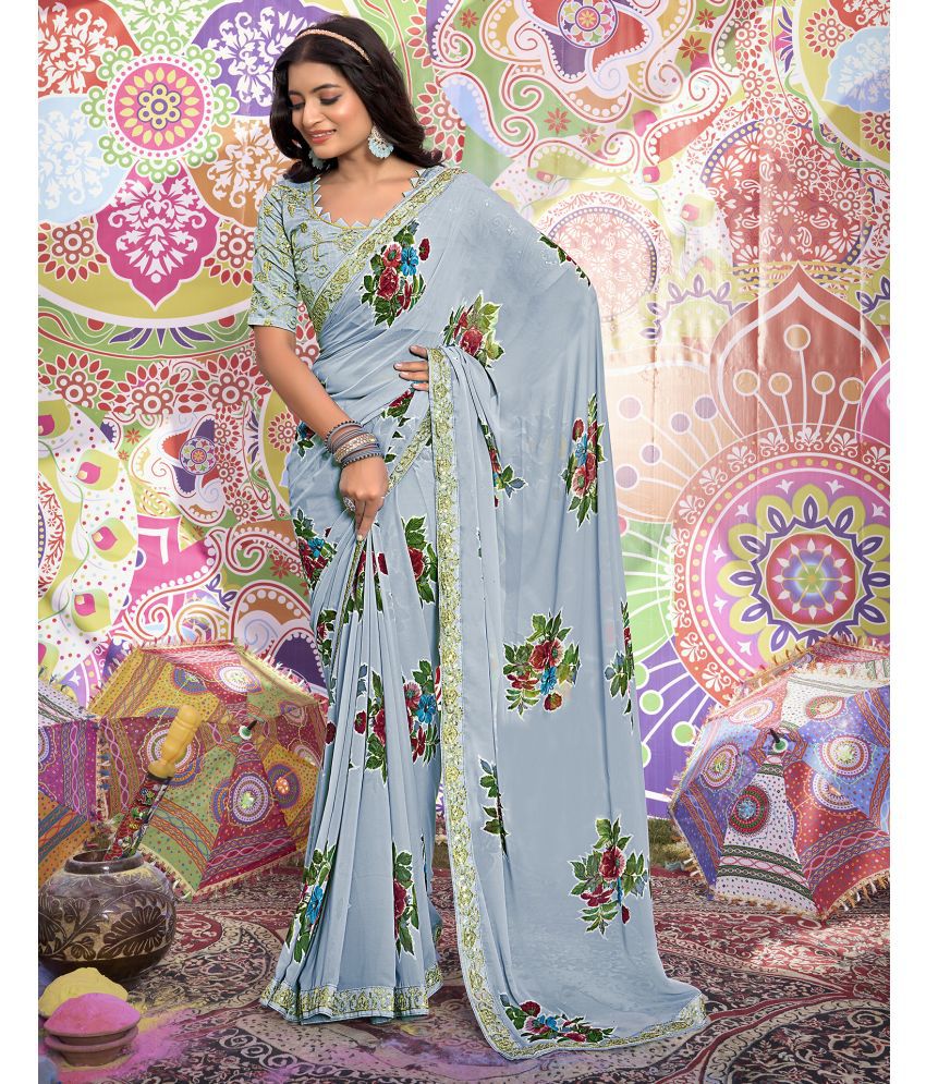     			Satrani Georgette Printed Saree With Blouse Piece - Grey ( Pack of 1 )
