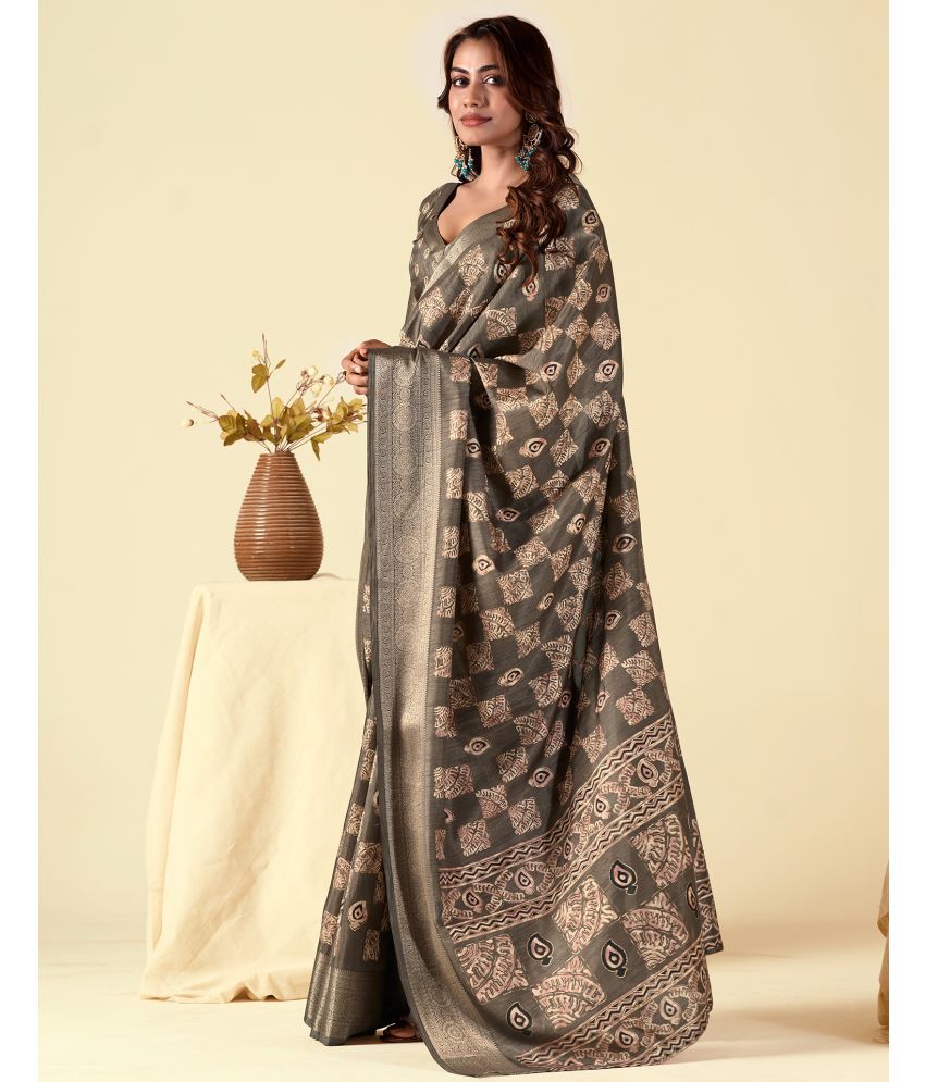     			Satrani Silk Printed Saree With Blouse Piece - Brown ( Pack of 1 )