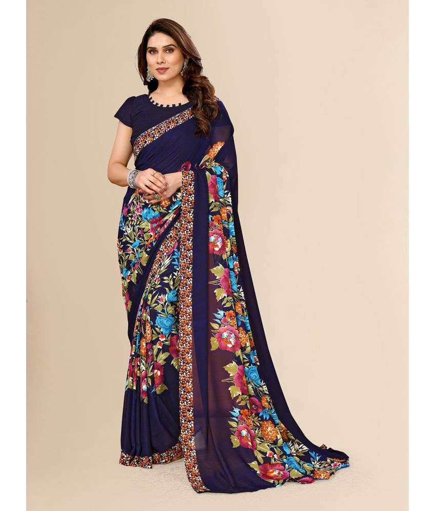     			ANAND SAREES Georgette Printed Saree With Blouse Piece - Navy Blue ( Pack of 1 )