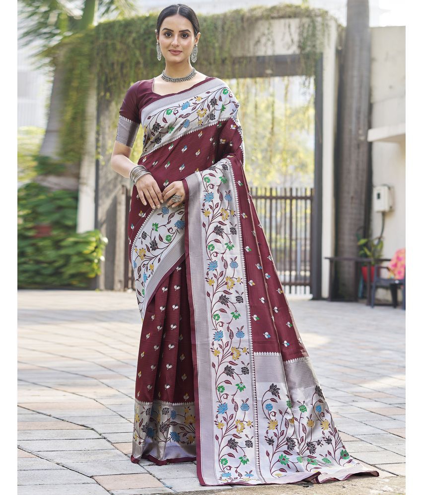     			Satrani Art Silk Woven Saree With Blouse Piece - Maroon ( Pack of 1 )