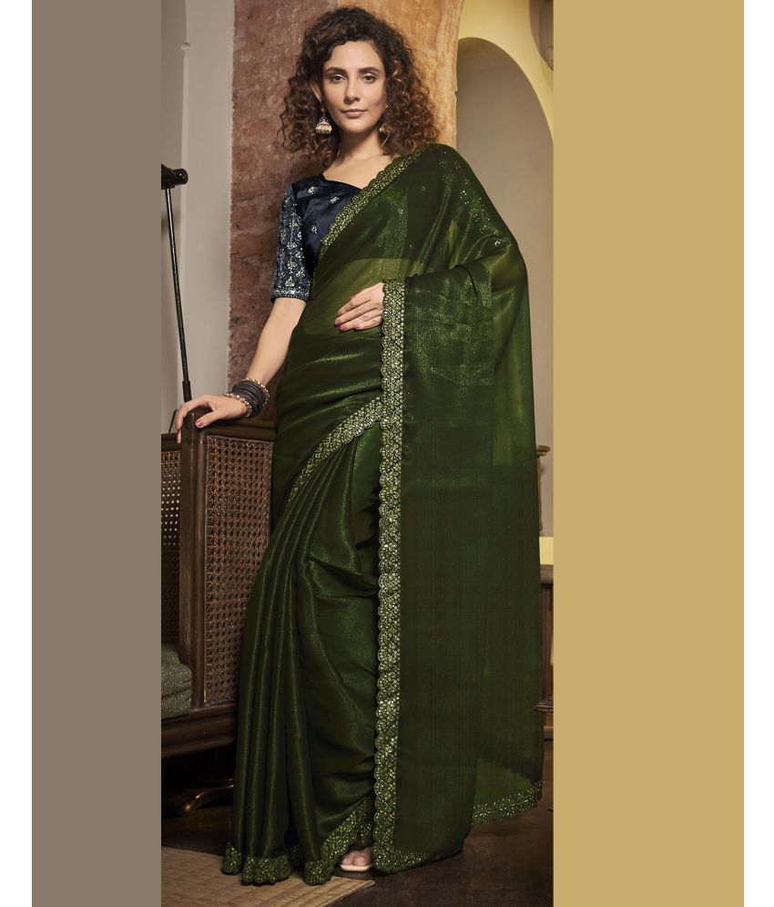     			Satrani Chiffon Embellished Saree With Blouse Piece - Olive ( Pack of 1 )