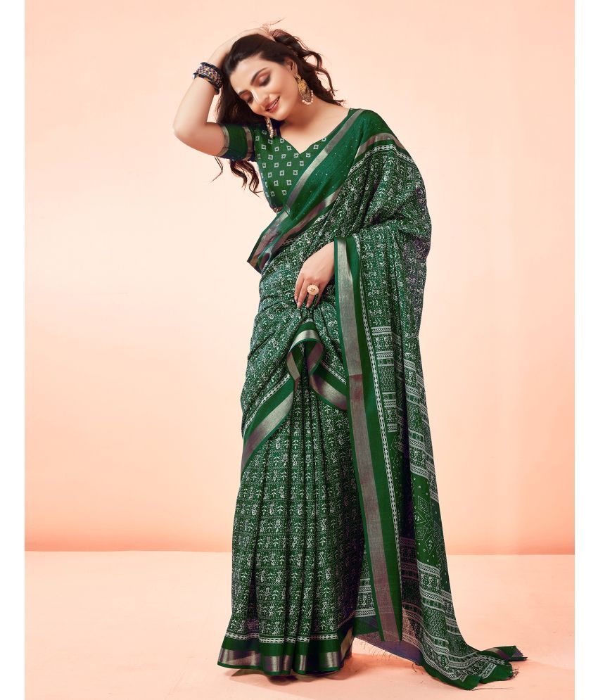     			Satrani Cotton Blend Self Design Saree With Blouse Piece - Green ( Pack of 1 )