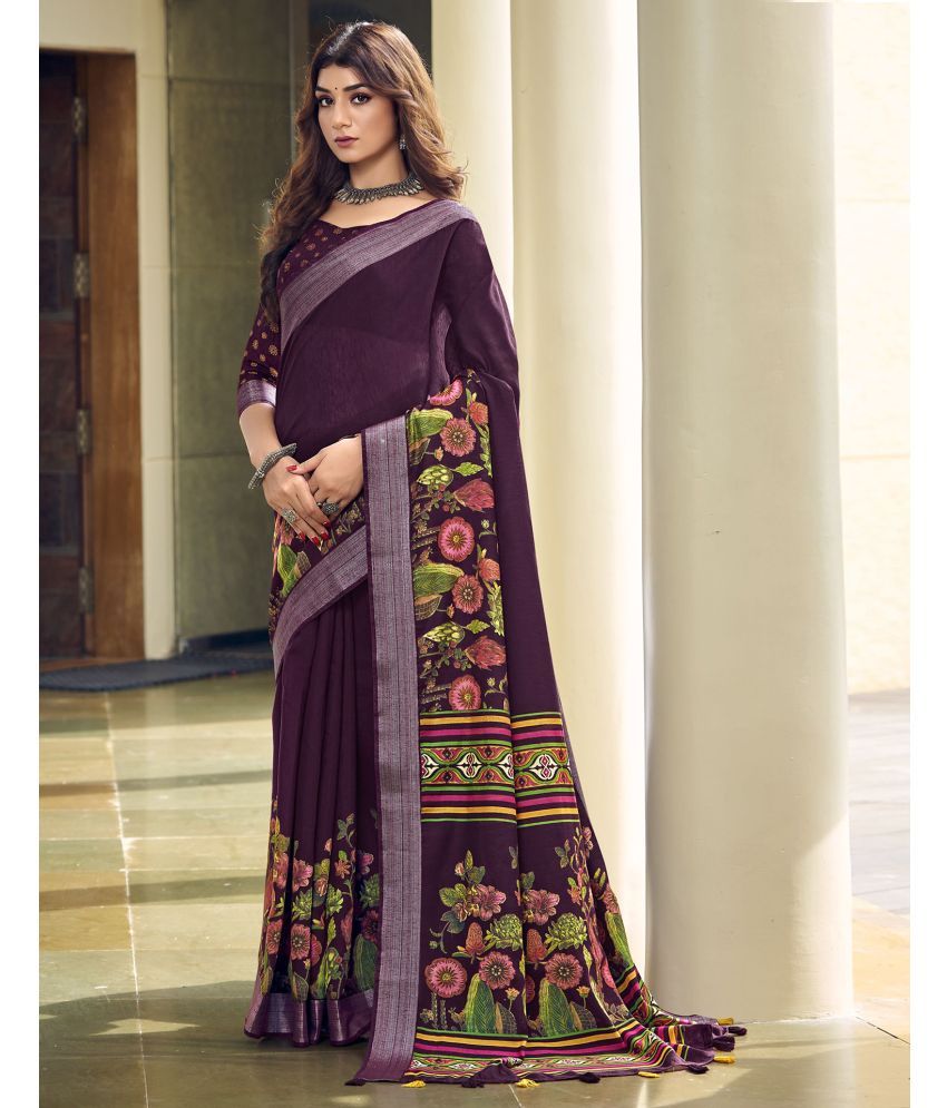     			Satrani Cotton Printed Saree With Blouse Piece - Wine ( Pack of 1 )