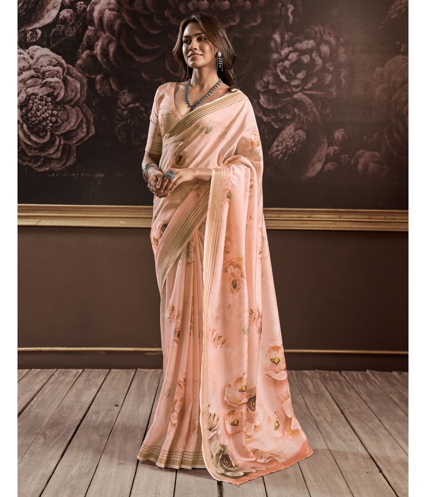     			Satrani Cotton Silk Printed Saree With Blouse Piece - Peach ( Pack of 1 )