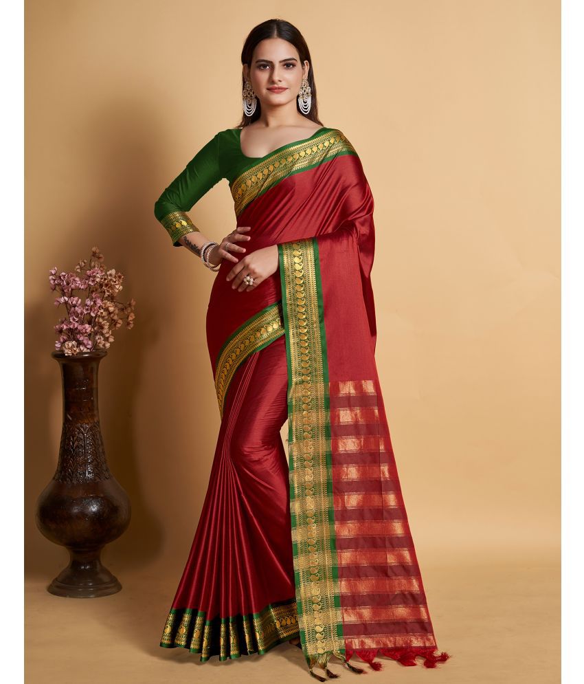     			Satrani Cotton Silk Woven Saree With Blouse Piece - Maroon ( Pack of 1 )