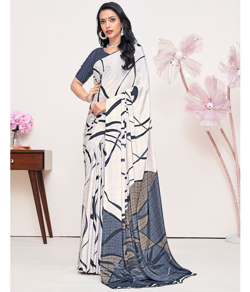     			Satrani Crepe PRINTED Saree With Blouse Piece - Off White ( Pack of 1 )