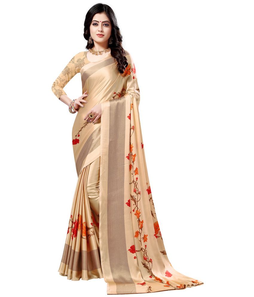     			Satrani Crepe Printed Saree With Blouse Piece - Cream ( Pack of 1 )