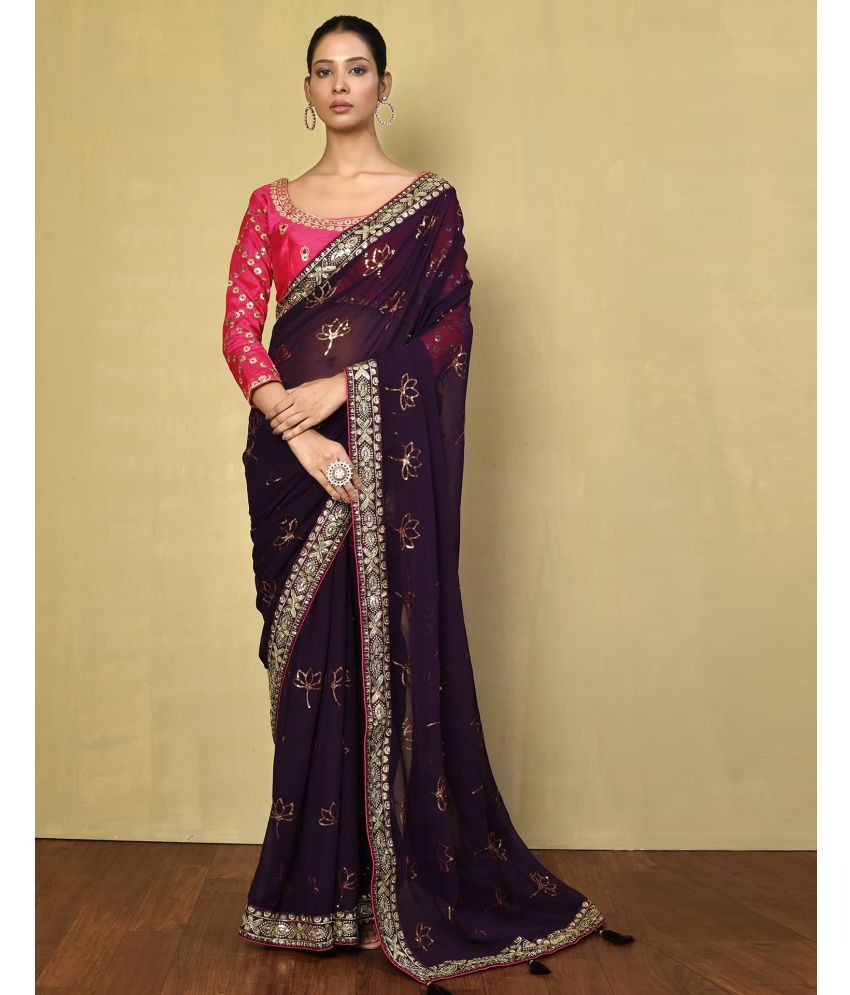     			Satrani Georgette Embellished Saree With Blouse Piece - Purple ( Pack of 1 )