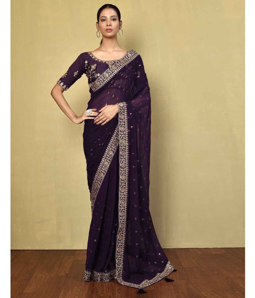     			Satrani Georgette Embellished Saree With Blouse Piece - Purple ( Pack of 1 )
