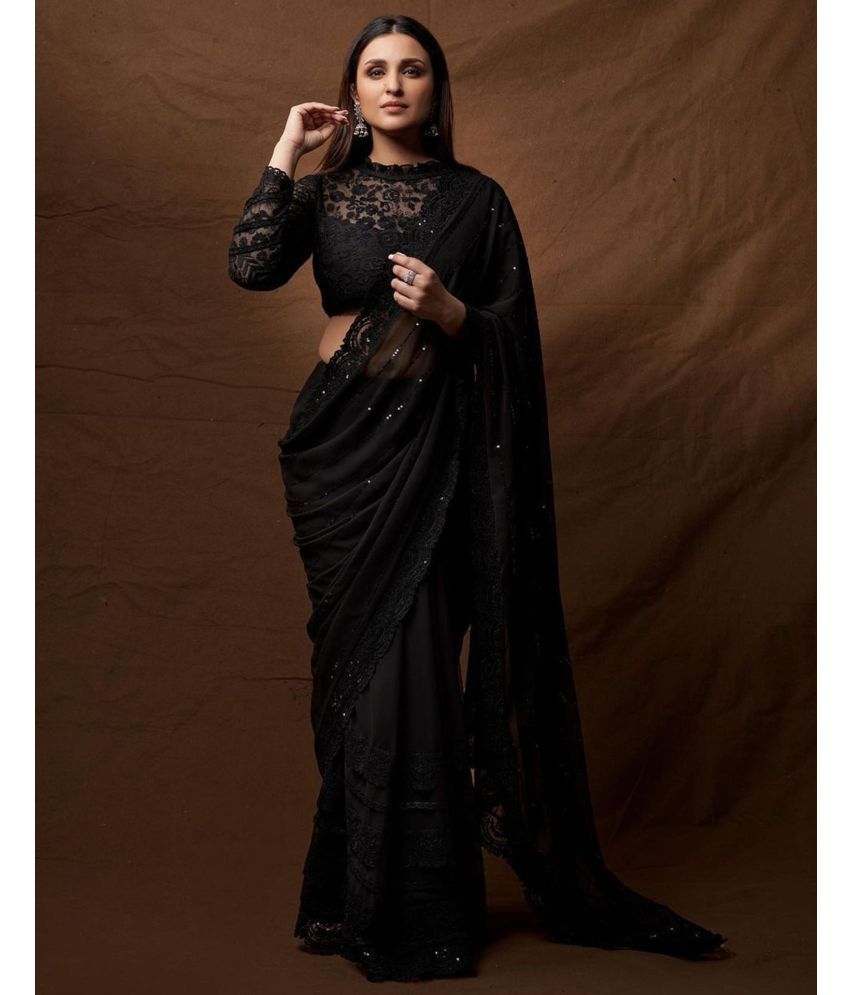     			Satrani Georgette Embroidered Saree With Blouse Piece - Black ( Pack of 1 )