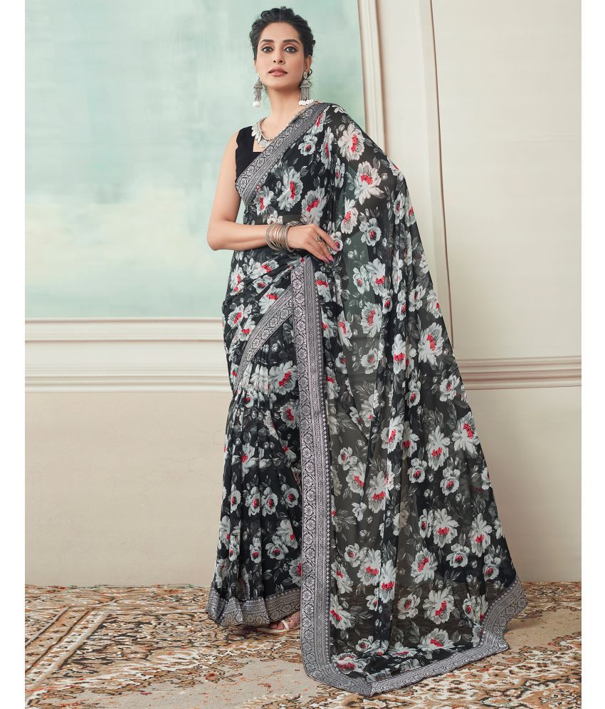     			Satrani Georgette Printed Saree With Blouse Piece - Black ( Pack of 1 )