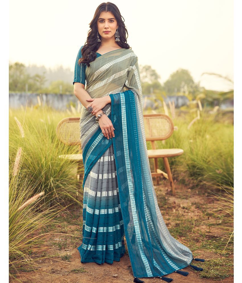     			Satrani Georgette Striped Saree With Blouse Piece - Teal ( Pack of 1 )