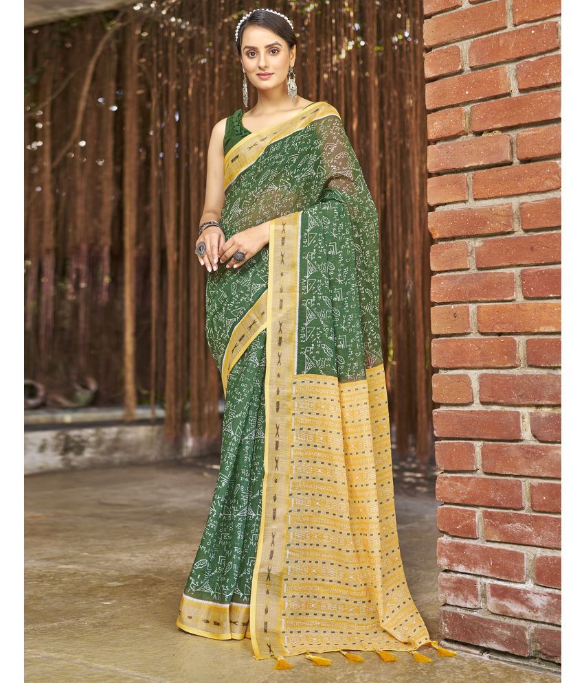     			Satrani Linen PRINTED Saree With Blouse Piece - Green ( Pack of 1 )