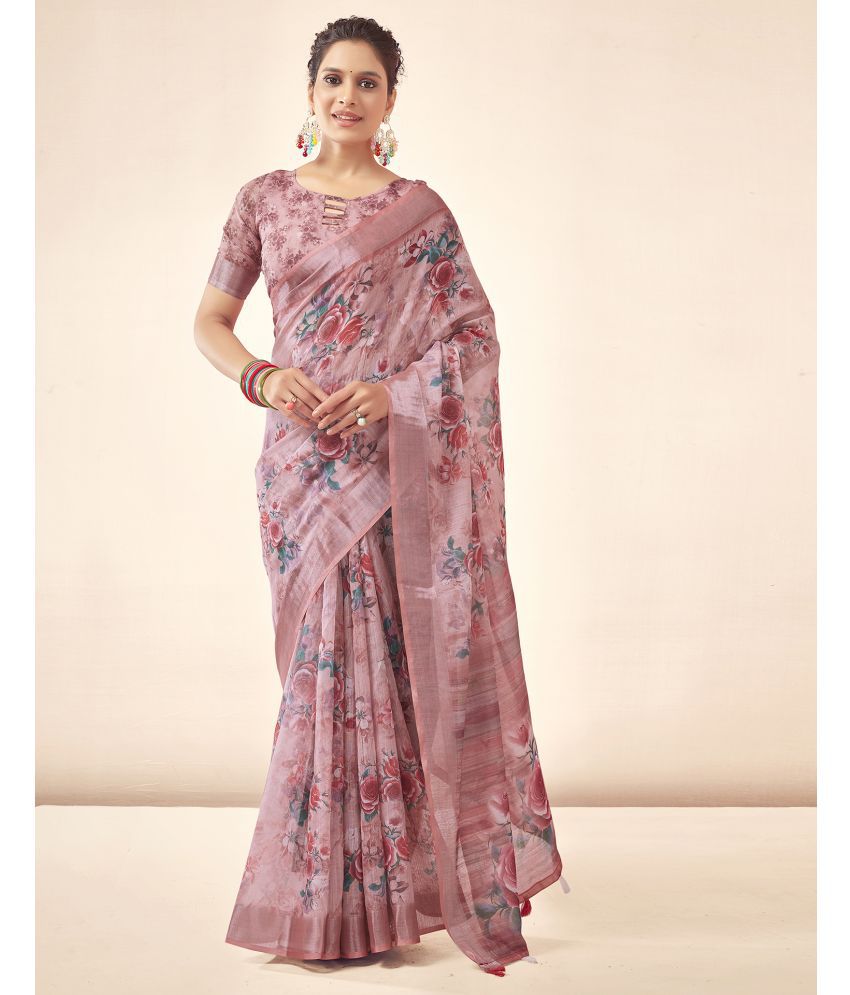     			Satrani Linen Printed Saree With Blouse Piece - Pink ( Pack of 1 )
