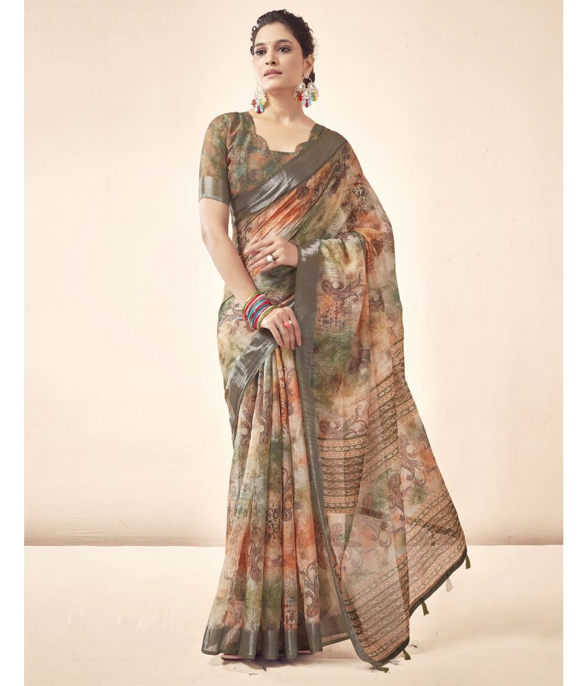     			Satrani Linen Printed Saree With Blouse Piece - Beige ( Pack of 1 )