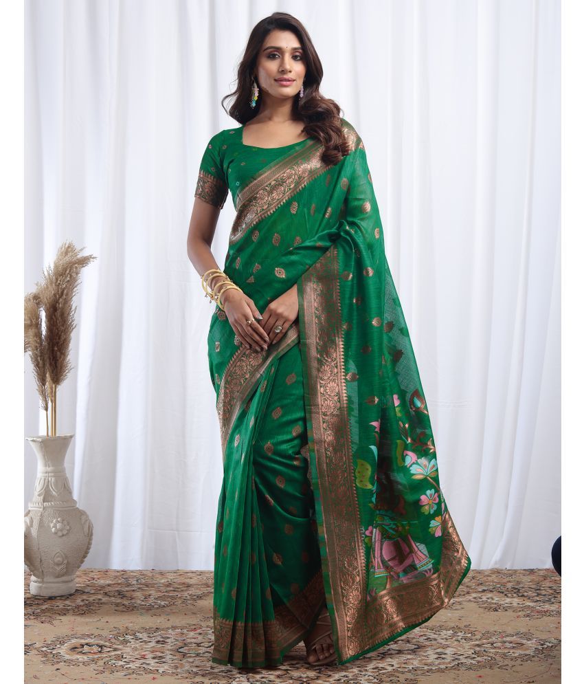     			Satrani Linen Self Design Saree With Blouse Piece - Green ( Pack of 1 )