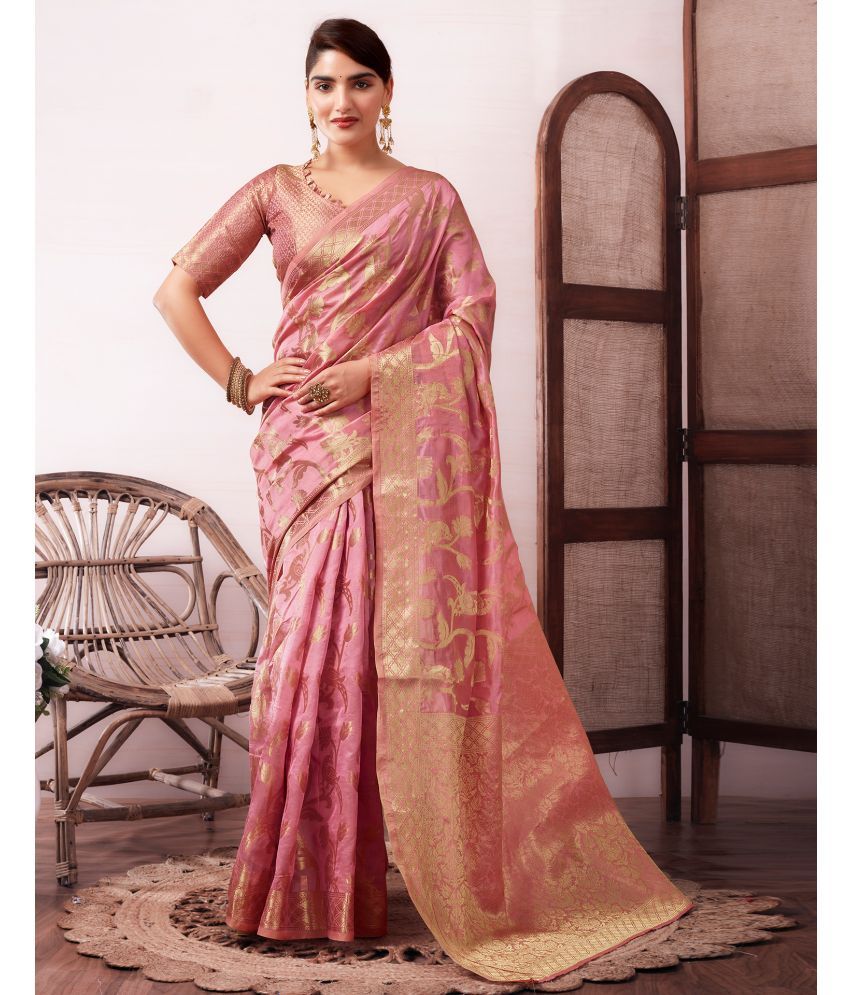     			Satrani Organza Self Design Saree With Blouse Piece - Pink ( Pack of 1 )