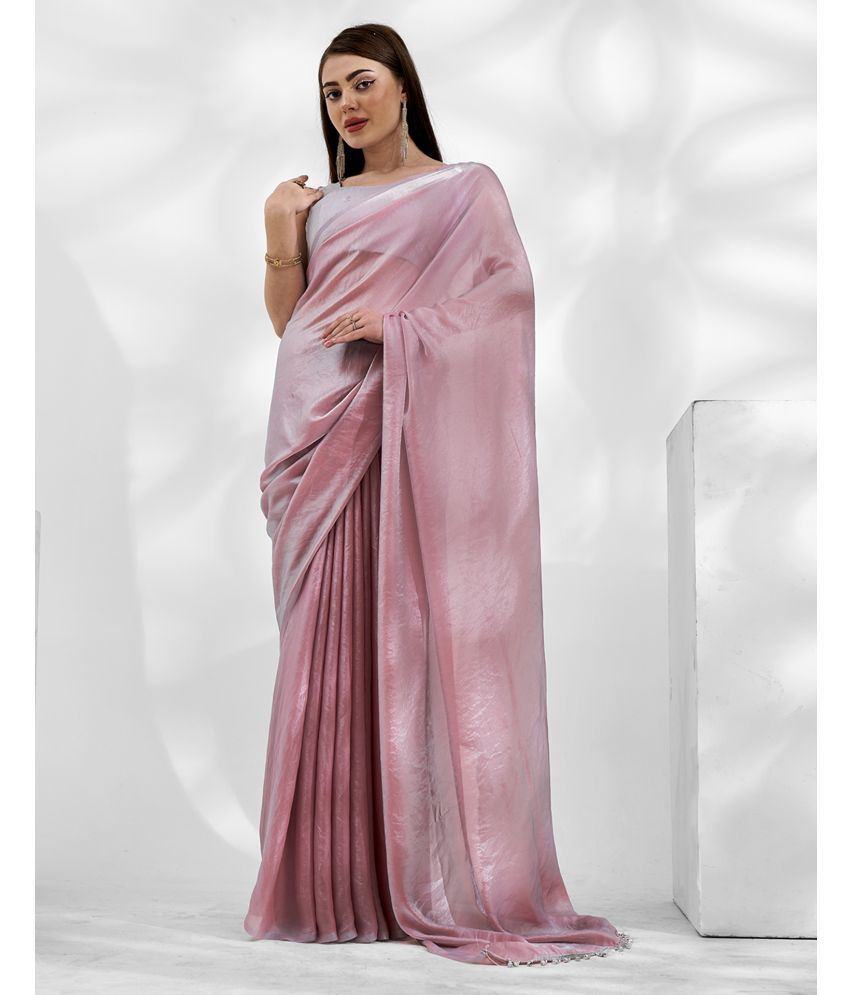     			Satrani Organza Solid Saree With Blouse Piece - Pink ( Pack of 1 )