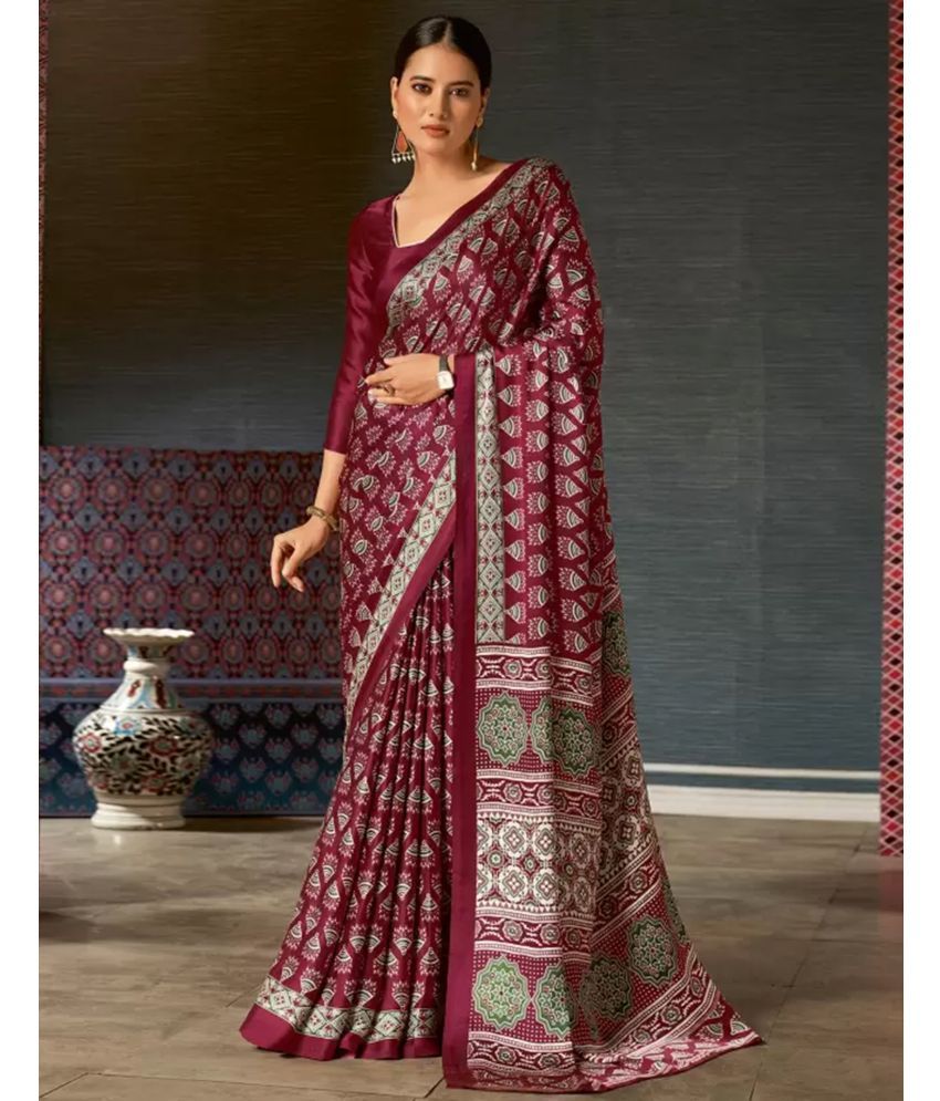     			Satrani Satin Printed Saree With Blouse Piece - Maroon ( Pack of 1 )