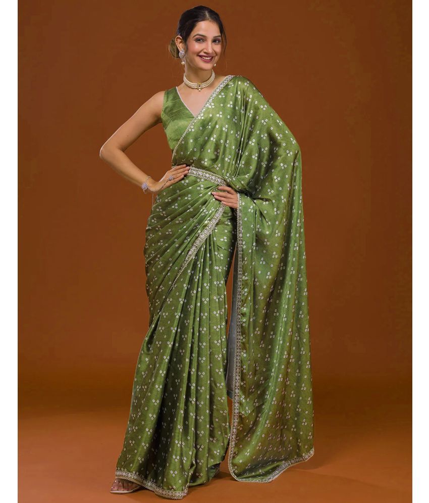     			Satrani Silk Blend Printed Saree With Blouse Piece - Olive ( Pack of 1 )