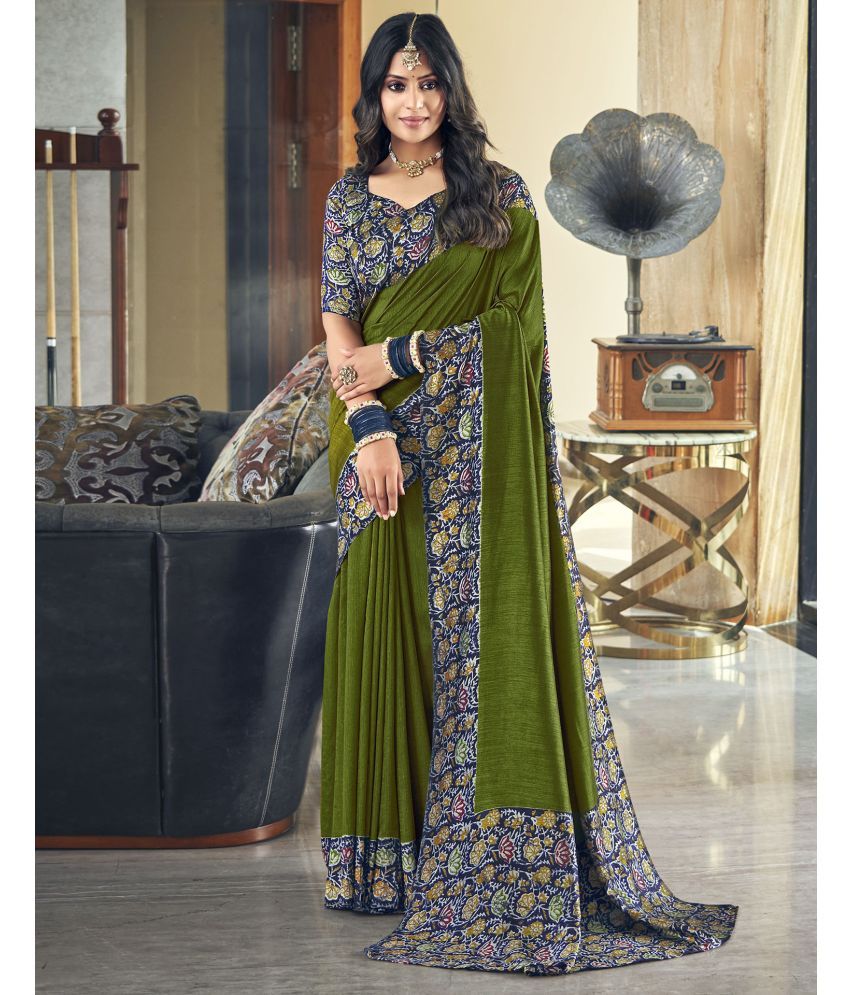     			Satrani Silk Blend Printed Saree With Blouse Piece - Olive ( Pack of 1 )