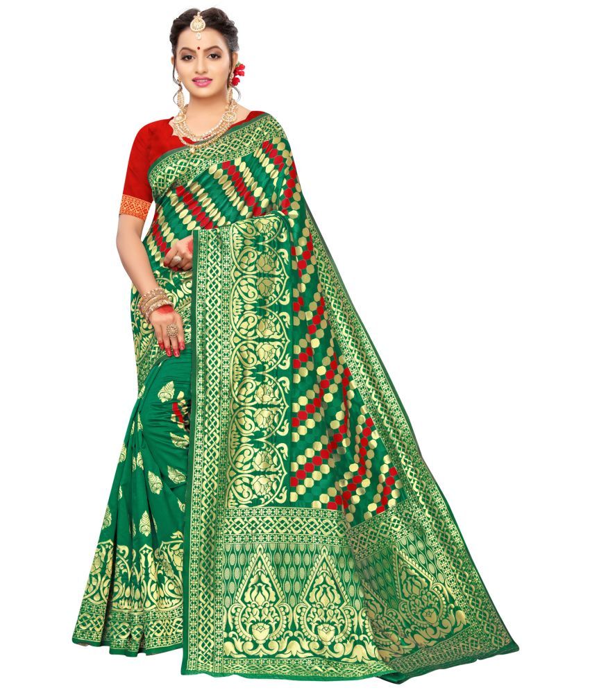     			Satrani Silk Blend Woven Saree With Blouse Piece - Green ( Pack of 1 )