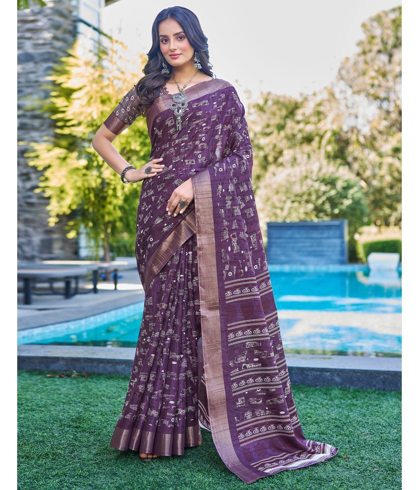     			Satrani Silk PRINTED Saree With Blouse Piece - Purple ( Pack of 1 )