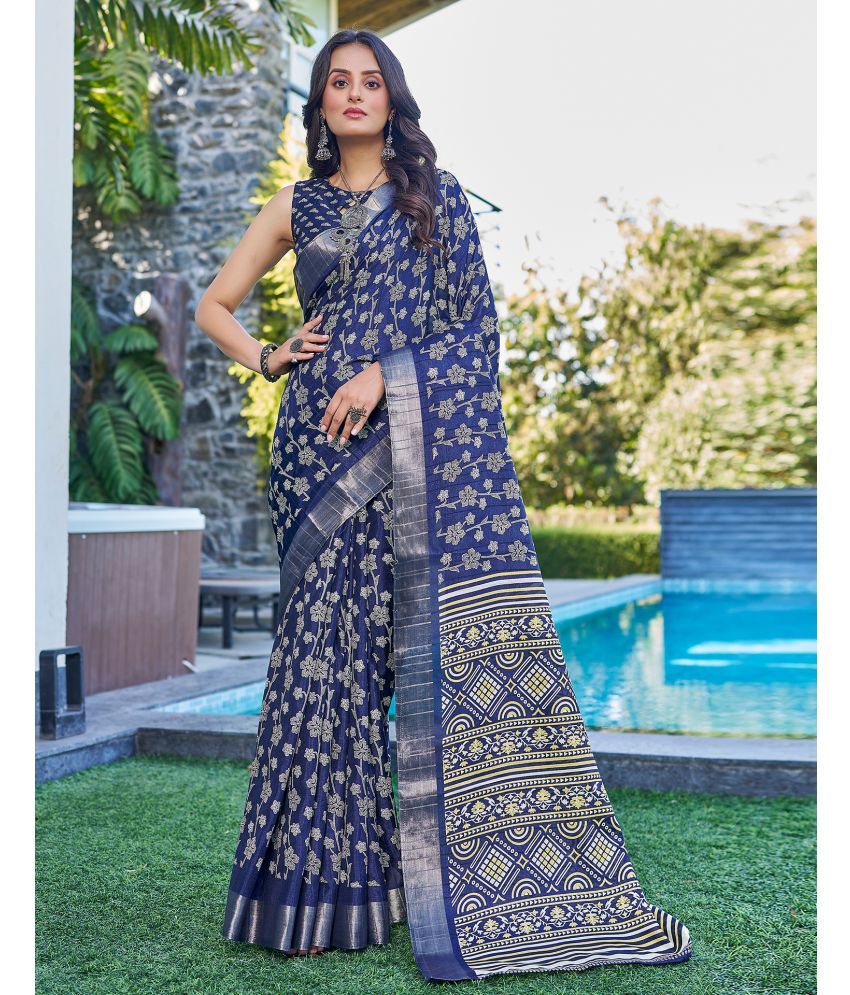     			Satrani Silk PRINTED Saree With Blouse Piece - Navy Blue ( Pack of 1 )