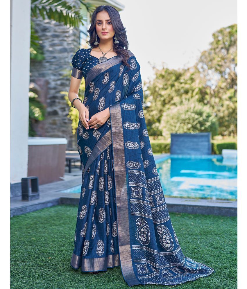     			Satrani Silk PRINTED Saree With Blouse Piece - Navy Blue ( Pack of 1 )