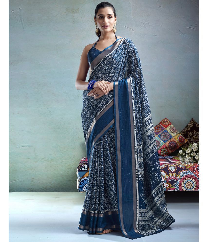     			Satrani Silk PRINTED Saree With Blouse Piece - Blue ( Pack of 1 )