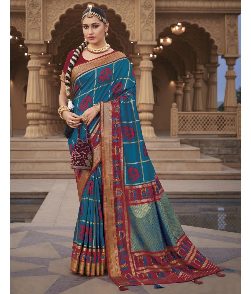     			Satrani Silk Printed Saree With Blouse Piece - Teal ( Pack of 1 )