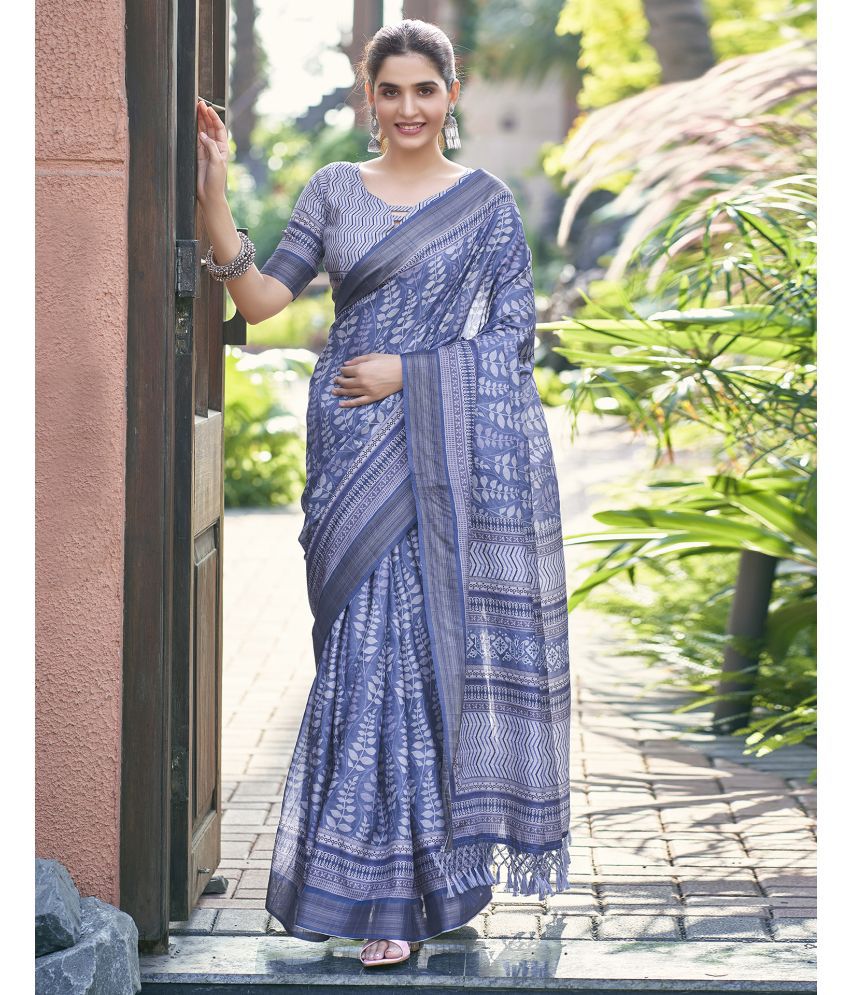     			Satrani Silk Printed Saree With Blouse Piece - Blue ( Pack of 1 )