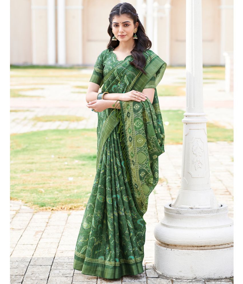     			Satrani Silk Printed Saree With Blouse Piece - Green ( Pack of 1 )