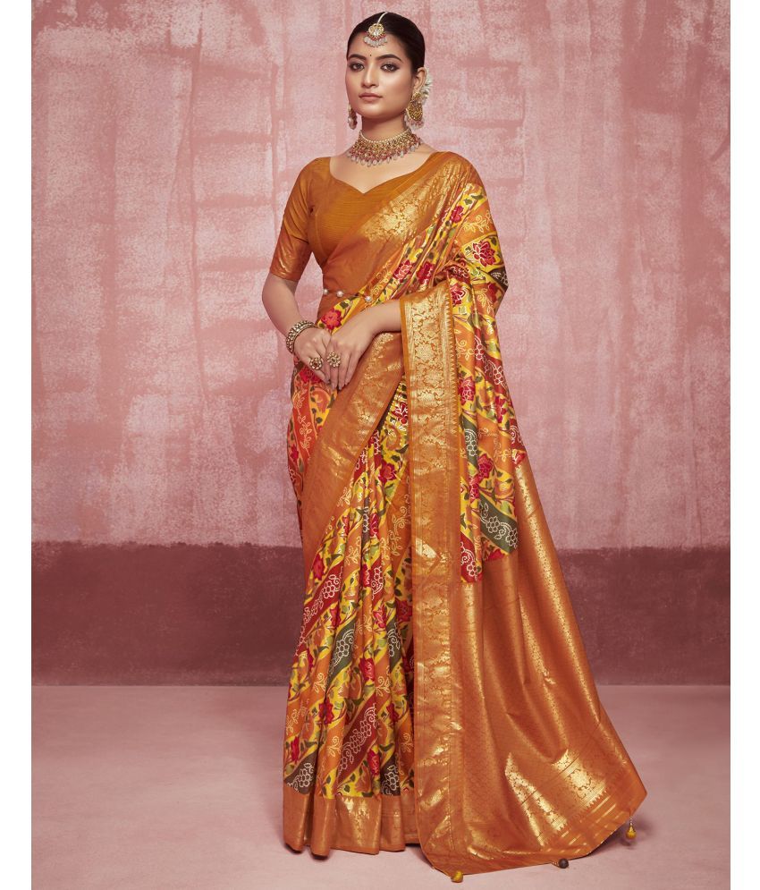     			Satrani Silk Printed Saree With Blouse Piece - Mustard ( Pack of 1 )