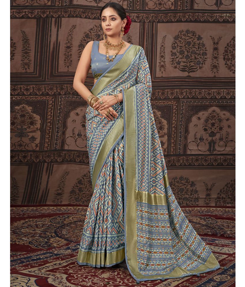     			Satrani Silk Printed Saree With Blouse Piece - Grey ( Pack of 1 )