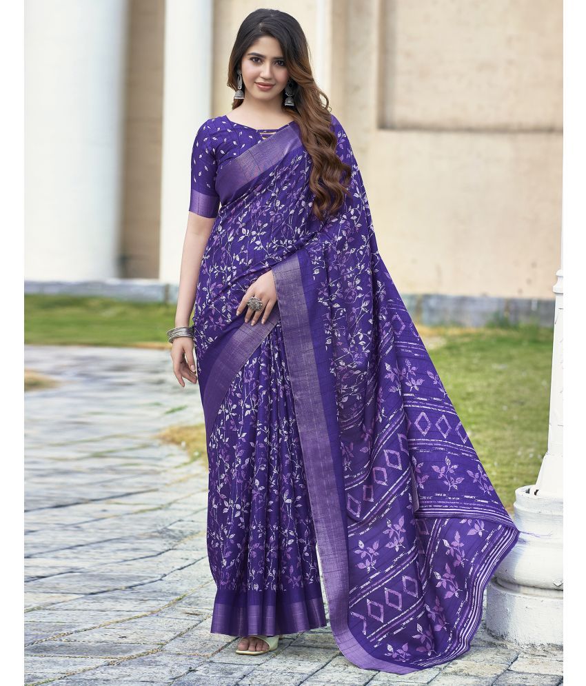     			Satrani Silk Printed Saree With Blouse Piece - Purple ( Pack of 1 )