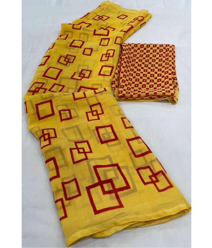     			Vichitro Georgette Printed Saree With Blouse Piece - Yellow ( Pack of 1 )