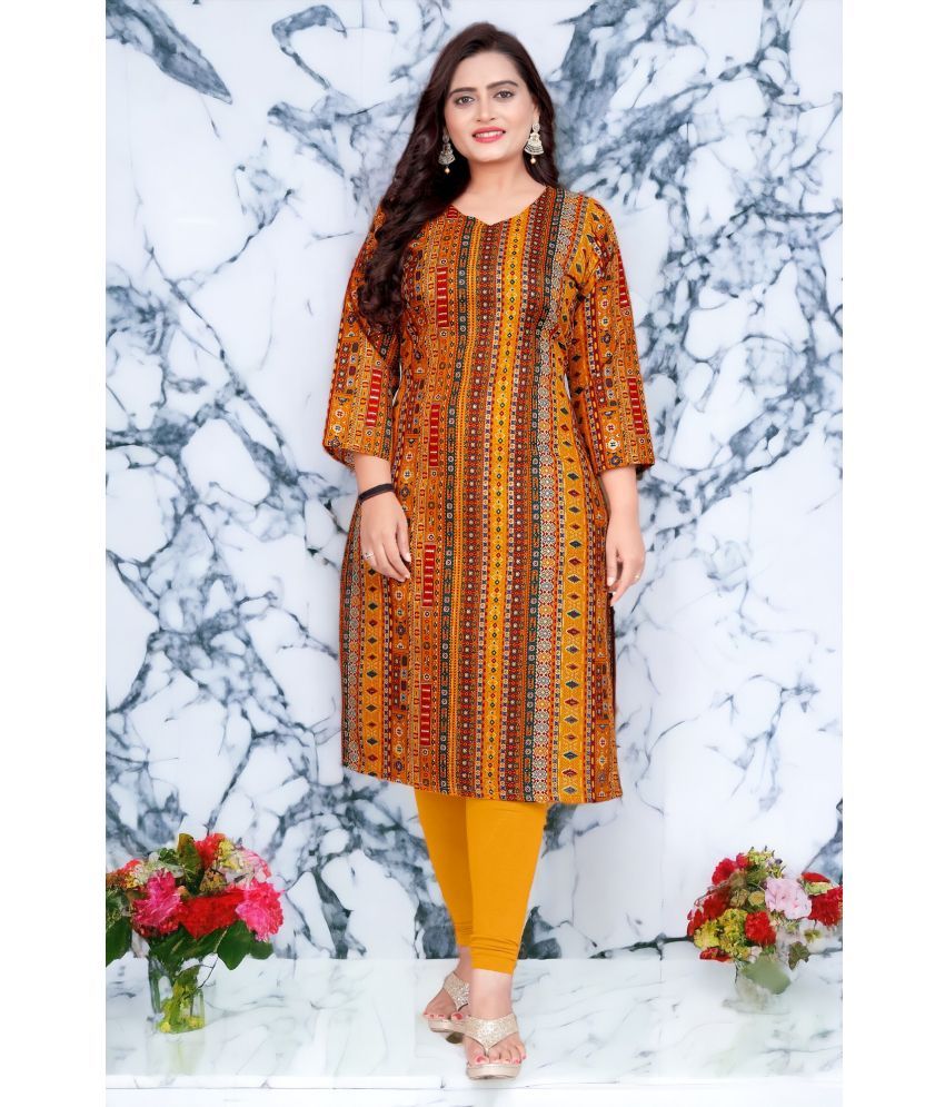     			Krihani Cotton Blend Printed Straight Women's Kurti - Yellow ( Pack of 1 )